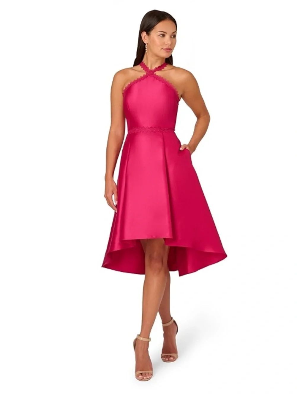Adrianna Papell Pink Mikado Halter Hi Low Dress Size 18